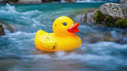 Yellow rubber duck floats in clear river surrounded by rocks and flowing water