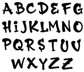 Set of comic style letters, vector comic letters, vector hand drawn comic alphabet A to Z, black letters without outline