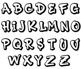 Set of comic style letters, vector comic letters, vector hand drawn comic alphabet A to Z, white letters with outline and shadow