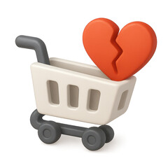 3D Icon of Cart Abandonment, Broken Heart Shopping Cart, Missed Sale, E-Commerce Issue