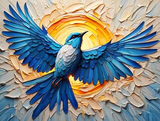 Blue bird flying artwork painting oil on canvas bird art wings spread avian illustration design