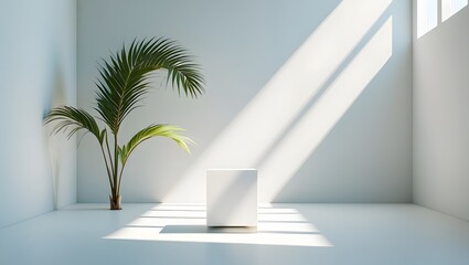 Minimalist product display podium, white cube, indoor plant, sunlight, clean, modern, bright space