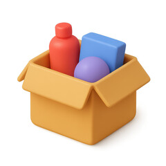 3D Icon of Open Box with Items Inside, E-Commerce Unboxing Parcel Delivery