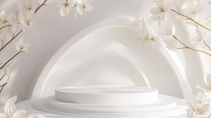 Stone podium, Cosmetic display stand with daisy blossom flowers on brown background. 3D rendering