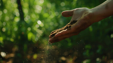 Fototapeta premium Hand releasing a handful of soil or dirt, with particles falling and scattering downwards on a blur outdoor nature bohek light background. Farmer holding soil, soil health, planting, organic farming 