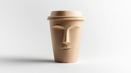 Closeup front view disposable paper coffee cup with head isolated on white background. Copy space