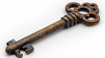 Ornate, antique key with patina, isolated on white. Close-up shot