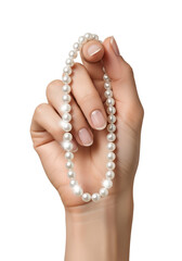 Hand holding lustrous pearl necklace, luxury jewelry concept, isolated on transparent background, fashion accessory, bridal elegance, minimalist style