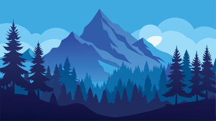 Fototapeta premium Blue Toned Landscape Featuring Mountains, Pine Trees, and Overlapping Cloud Formations Vector