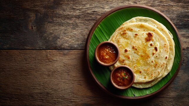 Pakistani roti fresh clay oven served with ghee and achar placed on banana leaf over natural wooden table top down view