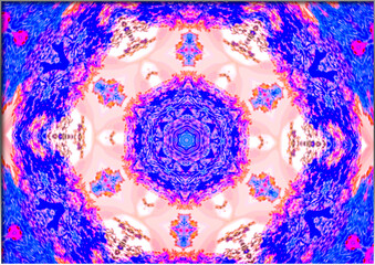 A vivid kaleidoscope pattern displays intricate symmetry with bright shades of blue, pink, and orange. The design radiates from a central hexagonal shape, creating a mesmerizing visual effect.