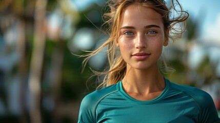 Attractive woman with freckles in teal shirt. Summer, hair blowing in the wind, against blurry trees