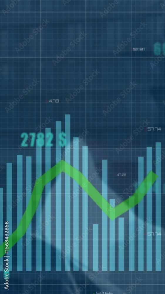 Poster animation of financial data processing over grid and office building