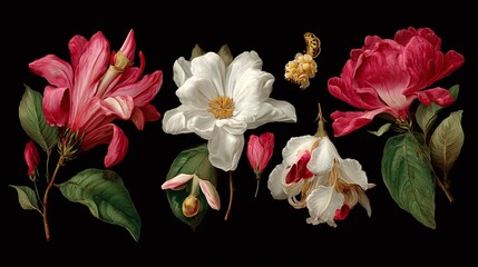 Fototapeta premium Botanical splendor in full bloom: a tableau of vibrant flowers set against a dramatic black backdrop, radiating timeless beauty and natural grace.