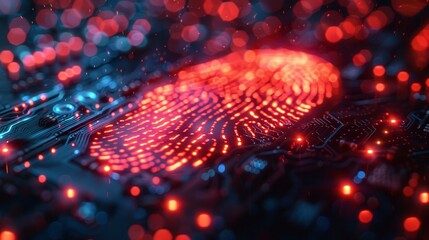 Glowing red fingerprint on circuit board