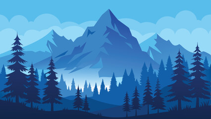 Blue Mountain Range Silhouette with Pine Trees and Clouds Landscape Background Vector