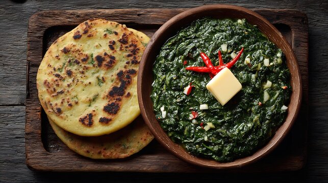 Pakistani saag makki di roti served on rustic wooden plate with butter and chili top down view
