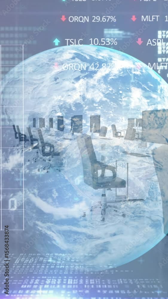 Aufkleber animation of stock market data processing over globe against empty office