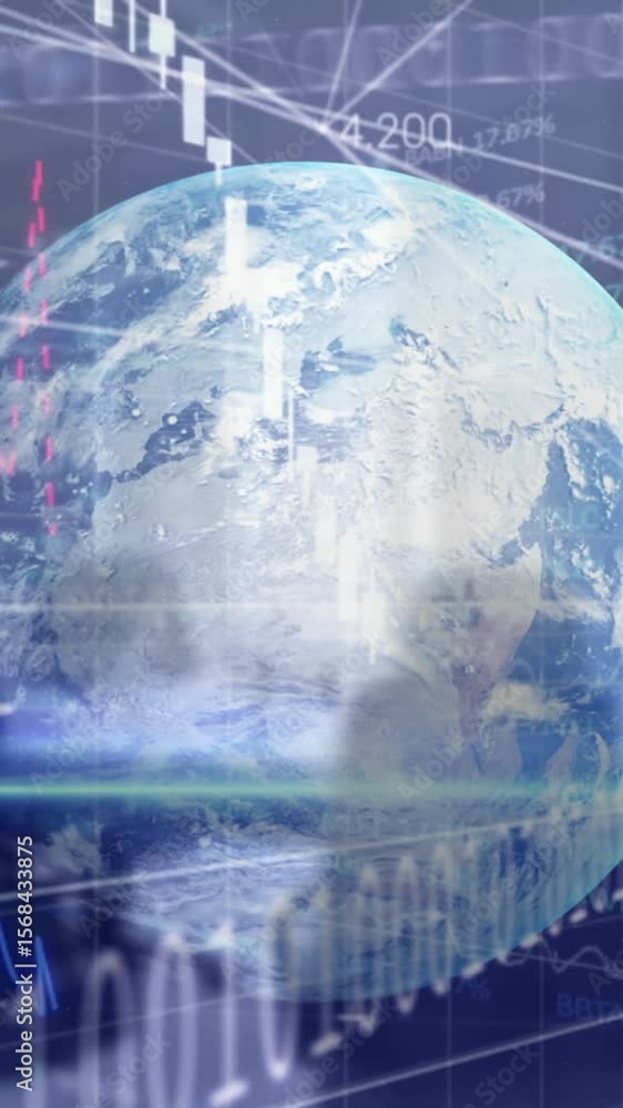 Poster animation of financial and stock market data processing over globe against empty office