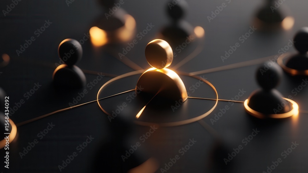 Poster orange user icon and in pulsing, connecting with other icons glowing a dark, abstract network visual