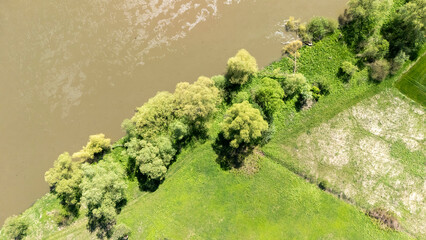 Aerial view of a verdant landscape where lush greenery meets a calm river. The scene showcases a...