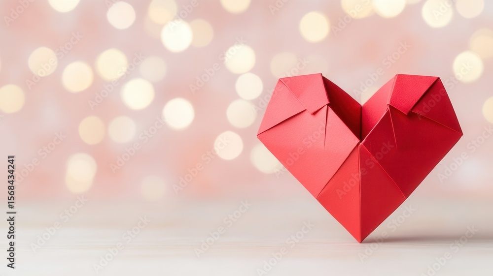 Poster delicate surface, paper heart folding atop rustic wooden romantic soft bokeh illuminating red sentim