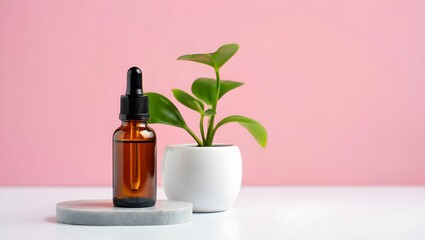 Essential oil bottle with dropper and plant on pink background for skincare and aromatherapy