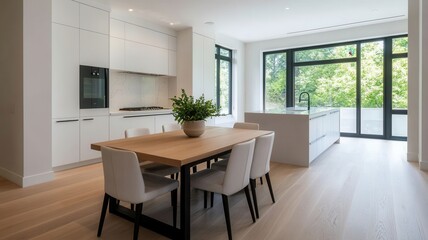 Minimalist white kitchen featuring wooden dining with verdant greenery, soft natural light, contemporary design set, warm organic elements