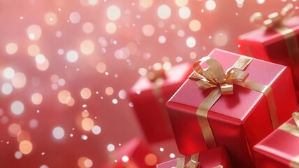 Red presents with golden festive floating on a sparkling bokeh background, creating a ribbons holiday atmosphere