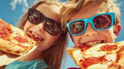 Kids enjoying pizza on a sunny day, their faces beaming with delight as they bite into delicious slices. Sunglasses add a touch of cool to the fun!