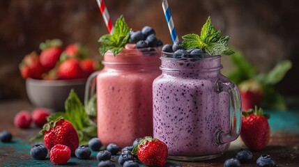 Berry Bliss Smoothies: A vibrant duo of strawberry and blueberry smoothies, garnished with fresh mint and served in charming mason jar mugs.
