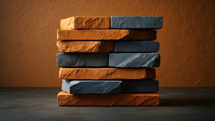 Stacked bricks construction materials brickwork masonry building blocks orange and gray textures