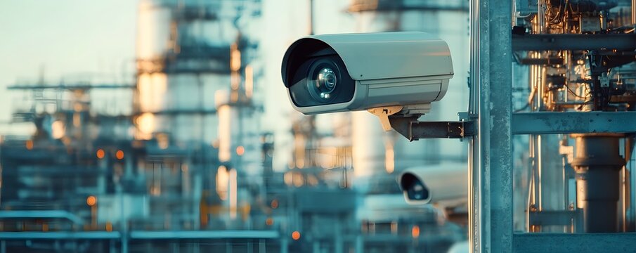 A close-up of a surveillance camera in an industrial setting, showcasing modern security technology. The background features an oil refinery with tall structures.