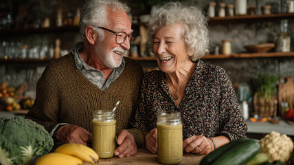Senior couple enjoys making healthy smoothies together in a cozy kitchen