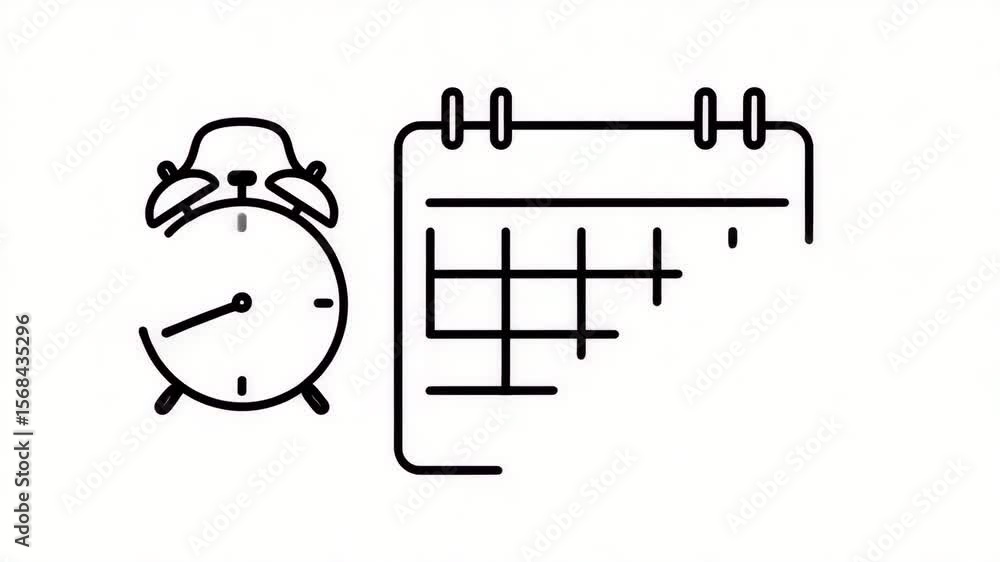 Poster line art of clock and calendar features minimalist design for time management.
