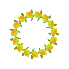 Lemon Branches circle frame set. Doodle wearth Hand drawn round line border, leaves and lemon, wedding invitation and cards, logo design and posters template. Elegant minimal style floral set