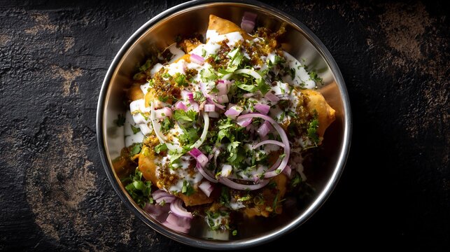 Pakistani samosa chaat broken potato samosas yogurt onions and layered chutneys served in a silver bowl over a textured dark background top down view