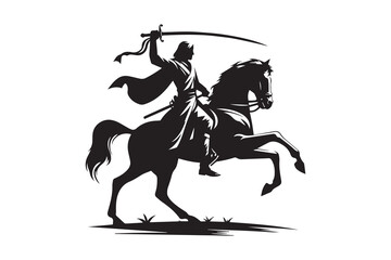 Silhouette of a mounted knight holding a sword aloft, depicted in dynamic posture. The horse is rearing, suggesting motion and energy, while the knight wears a uniform, indicating a military theme. Th