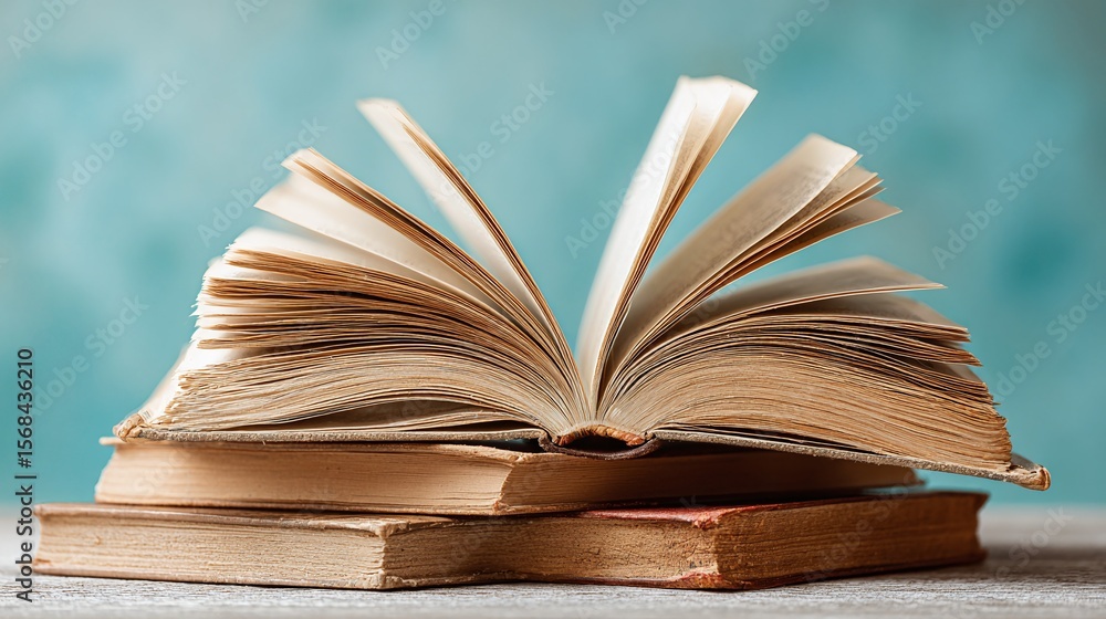 Fototapete a stack of aged books, the top one open, inviting readers to delve into their pages. an image symbol