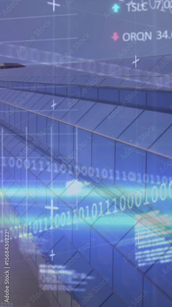 Poster animation of stock market data processing and light trails against low angle view of tall building