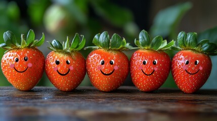A row of five strawberries with smiling faces drawn on them. The image conveys a lighthearted and playful mood, as the strawberries are given human-like expressions