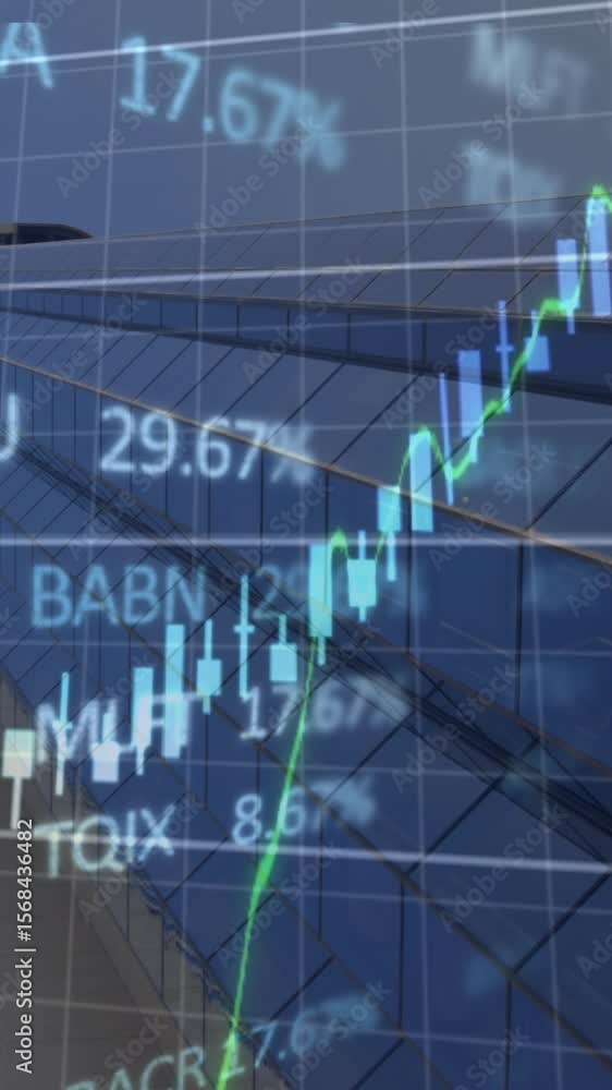 Poster animation of financial and stock market data processing against low angle view of tall building