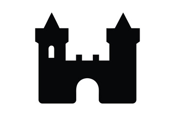 Obraz premium A simple black silhouette of a castle with three turrets, including two tall pointed towers on each side and a shorter central structure. The castle features an arched entrance at the base and a solid