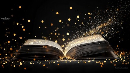 Vintage book emitting golden luminescent sparkles, revealing enchanting literary magic against soft focused background