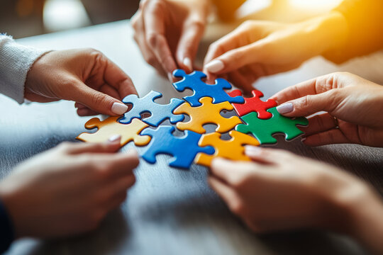 Collaborative teamwork with colorful puzzle pieces representing unity and problem-solving