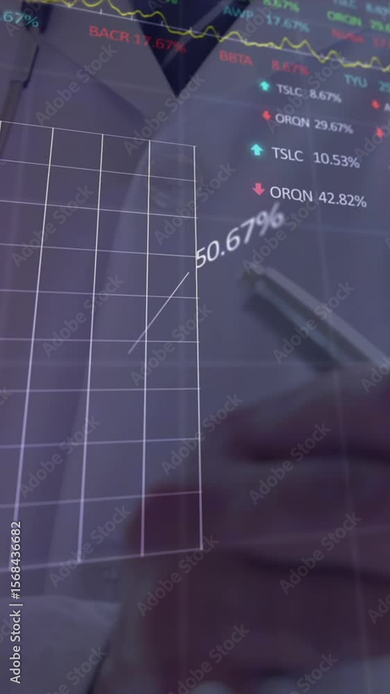Poster animation of financial data processing over businessman using smartphone