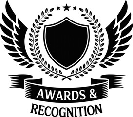 Black and white heraldic emblem: shield, wings, laurel wreath, ribbon; awards and recognition; achievement, success, victory.