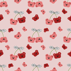 Cute bear and cherry pattern on pink background