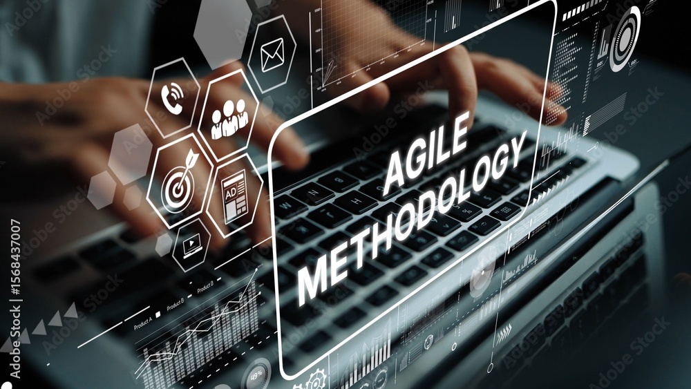 Poster hands typing on laptop with digital overlay representing agile methodology and project management co