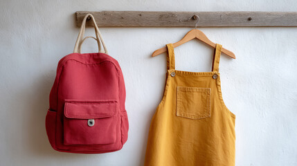 Red backpack and yellow dress hanging on wooden hook against white wall